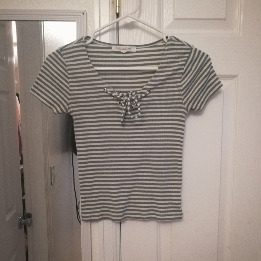 White/Blue Striped Lace Up Tee